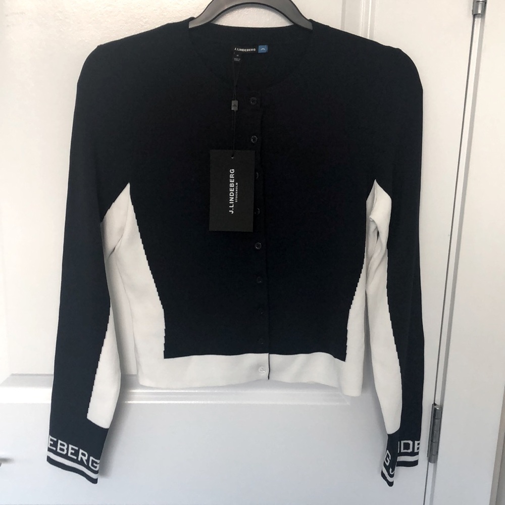 Navy and white short cardigan sweater